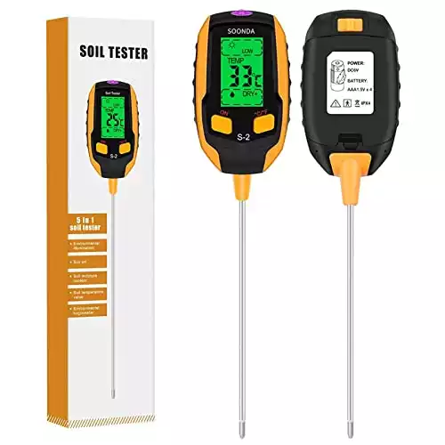 Medidor de pH del suelo 5 en 1, con funciones de prueba de humedad ambiental y del suelo, temperatura, luz y pH