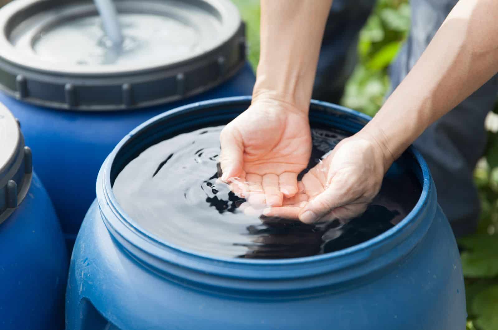 manos revisando el agua de lluvia