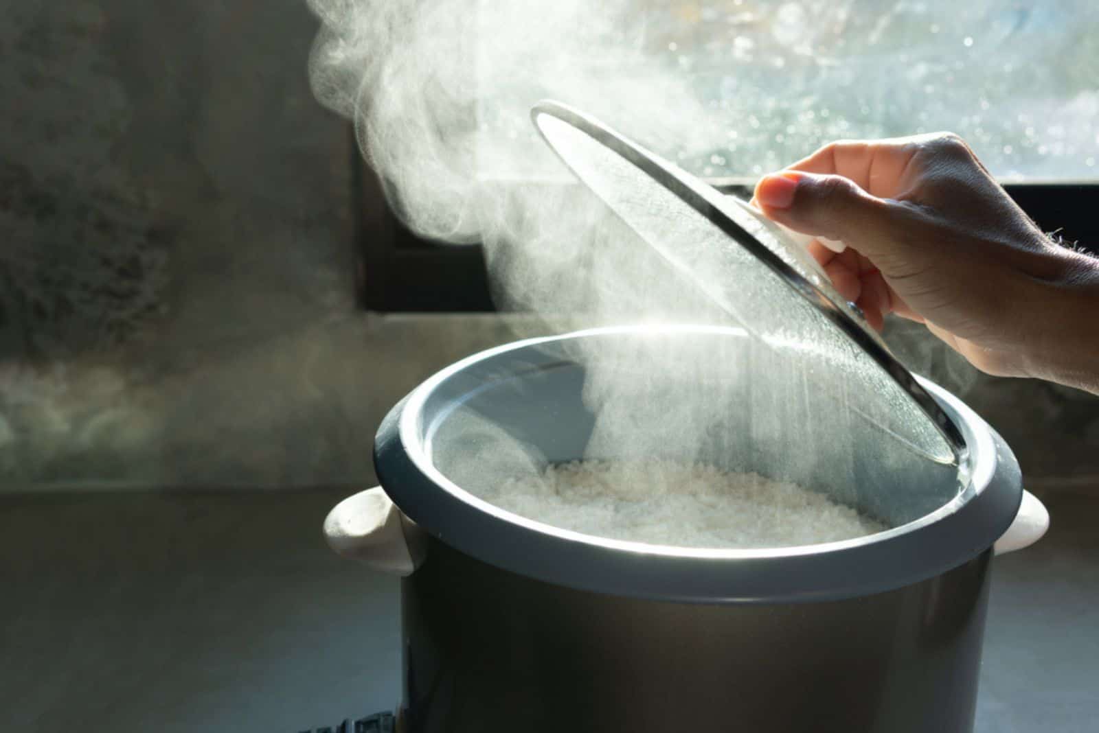 mano de hombre levantando una tapa de vidrio de la olla arrocera eléctrica